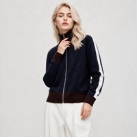 Cardigan en laine mérinos bleu marine pour femme, tricoté, zippé, col cheminée côtelé marron, fabrication sur mesure ODM OEM, vente en gros d'usine