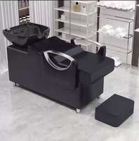 Fauteuil de lavage de cheveux inclinable en cuir PU noir avec bac en céramique et repose-pieds amovible