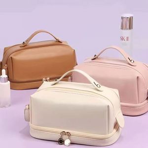 Muestra gratuita de bolsa de maquillaje personalizada de cuero PU, bolsa de cosméticos con compartimentos, impermeable, para viaje, neceser. - Product Image 2