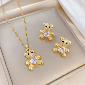 New Women Fashion Heart Stone 18k Gold PVD Plated CUTE BEAR Pendant Necklace Stud Earrings Jewelry Set