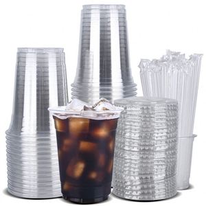 Gobelets jetables en plastique PET de 14 oz, 16 oz, 98 Calibres, 400/500 ml, pour boissons froides, Boba, Bubble Tea, café, avec couvercles et pailles - Product Image 1
