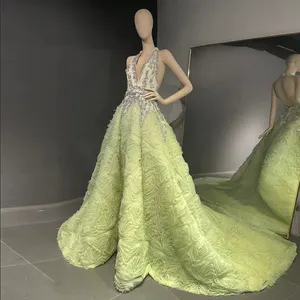 Scz049奢华3D花卉水晶迪拜女装婚礼派对优雅露背长舞会毕业礼服