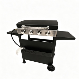 Grill à gaz à surface plate, barbecue au propane, cuisson en plein air, acier inoxydable, revêtement en poudre noire, avec tables latérales, 4 brûleurs - Product Image 1