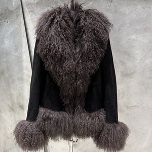 Manteau en cuir pour femme avec col en fourrure de Mongolie, veste en daim <span class=keywords><strong>bleu</strong></span> foncé pour l'automne - Product Image 3