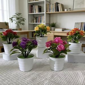 Plantes artificielles en pot de roses, 5 pièces, pot en plastique ondulé, décoration de bureau, style bonsaï, plante d'intérieur - Product Image 1