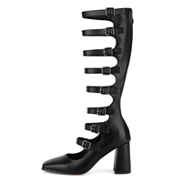 Bottes montantes au genou à lanières à boucle pour femmes talon bloc chaussures de fête gothiques Mary Jane