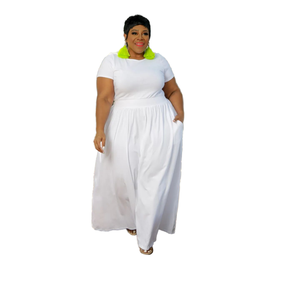 Robe d'été élégante décontractée pour femmes grandes tailles, couleur unie, taille cintrée, grande jupe évasée, manches courtes, silhouette ample, tombée - Product Image 4