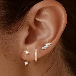 CANNER Lot de 3 boucles d'oreilles créoles Huggies en argent S925 avec zircon marquise et pierre de zircon vert, motifs fleur et nœud, bijoux fins - Product Image 6