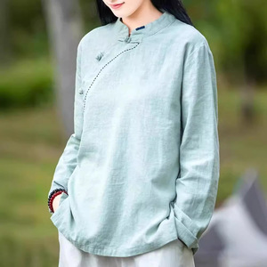 Women's Cotton Linen Stand Collar Long Sleeve Blouse Breathable Retro Chinese Style Tea Dress Shirt Spring Autumn Wear - Product Image 4