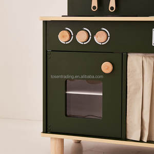 Cuisine de jeu d'intérieur en bois vintage pour tout-petits avec rideau en tissu, cuisinière, évier et affichage de l'horloge, ensemble de cuisine d'imitation haut de gamme - Product Image 5