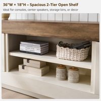 Meuble TV rustique bicolore en bois massif avec rangements ouverts et armoires latérales, mobilier de salon OEM/ODM
