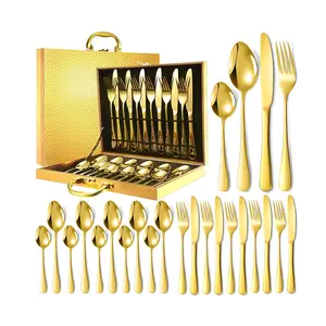 Vàng thiết lập dao kéo 24 cái dao muỗng nĩa đặt thép không gỉ kim loại mạ vàng thiết lập dao kéo với hộp