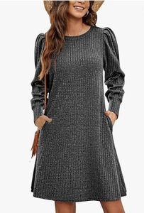 Vestidos Casuales Holgados de Punto para Mujer, con Mangas Abullonadas, Cuello Redondo, para Otoño/Invierno, con Bolsillos, a la Moda - Product Image 6