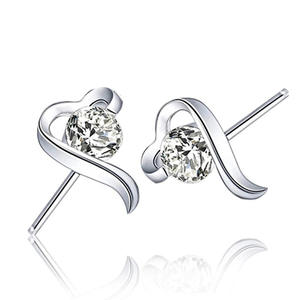 Boucles d'oreilles en forme de cœur en or blanc E1258, avec serti rond en zircon, pour femmes, cadeau romantique, bijoux à la mode - Product Image 3