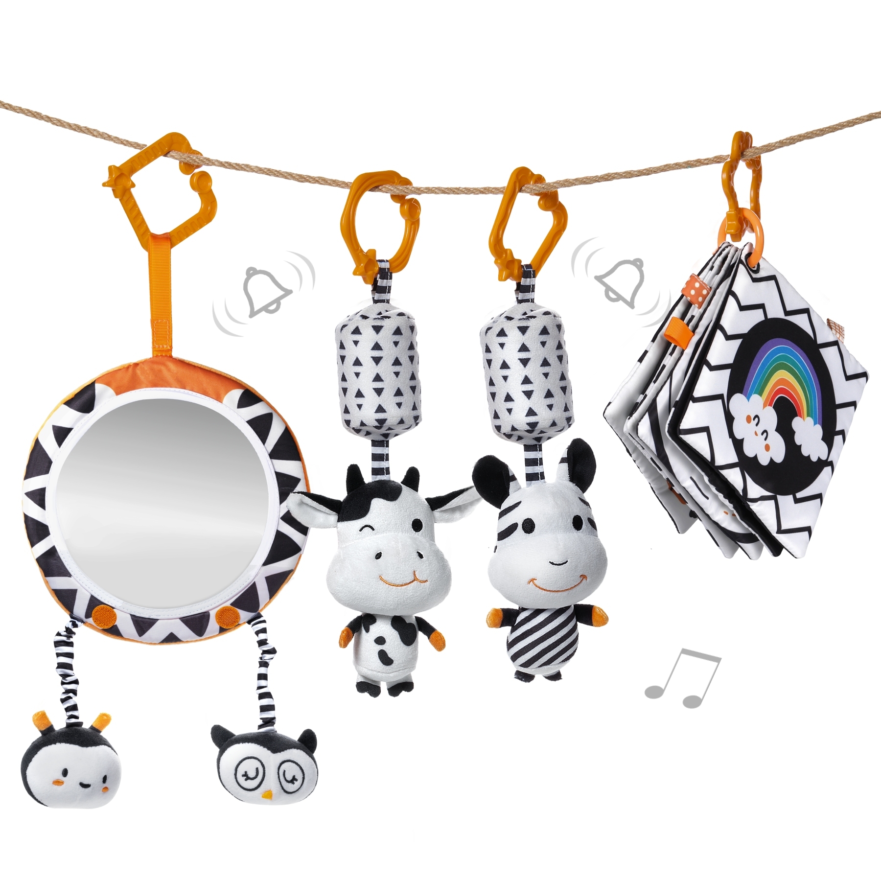 Jouets Poussette Noir Et Blanc Pour Bébé 0-12 Mois - Hochets Peluche Animaux Avec Clip | Cadeau Noël, Éveil Sensoriel