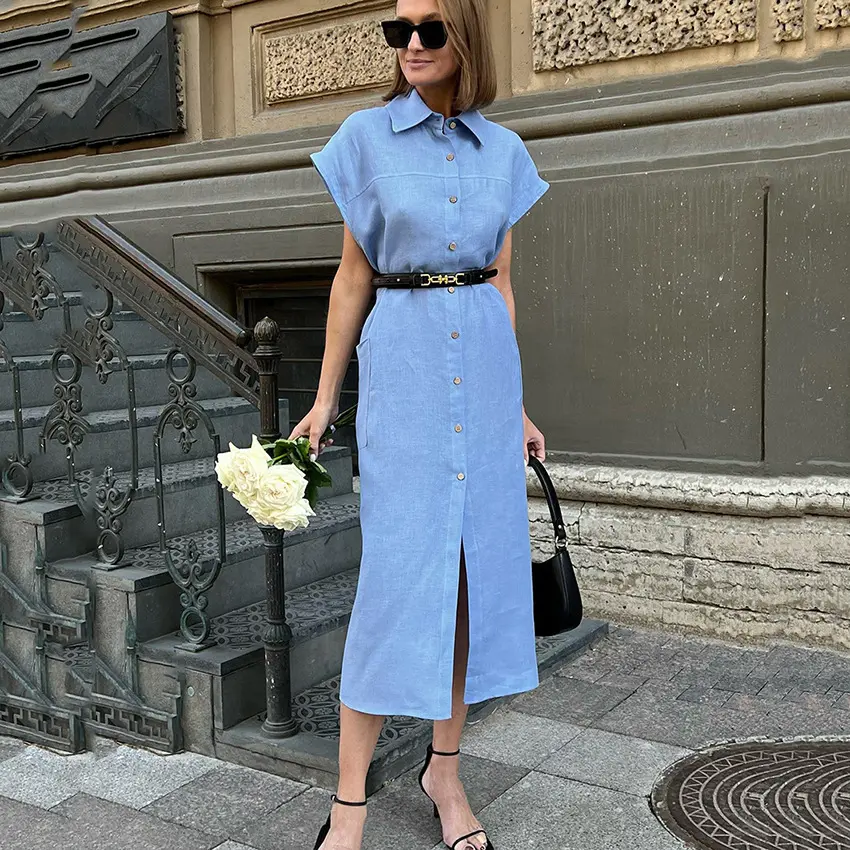 ODM Casual Pencil Short Sleeve Maxi Long Turn Down Collar Button Belt Empire Summer Solid Linen Cotton Blend Shirt Dresses Women