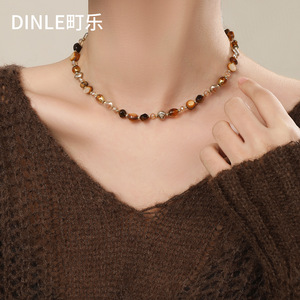 สร้อยคอลูกปัดตาเสือ Dinle สร้อยคอหินธรรมชาติสำหรับผู้หญิง แฟชั่นฤดูใบไม้ร่วงฤดูหนาว สร้อยคล้องเสื้อ - Product Image 1