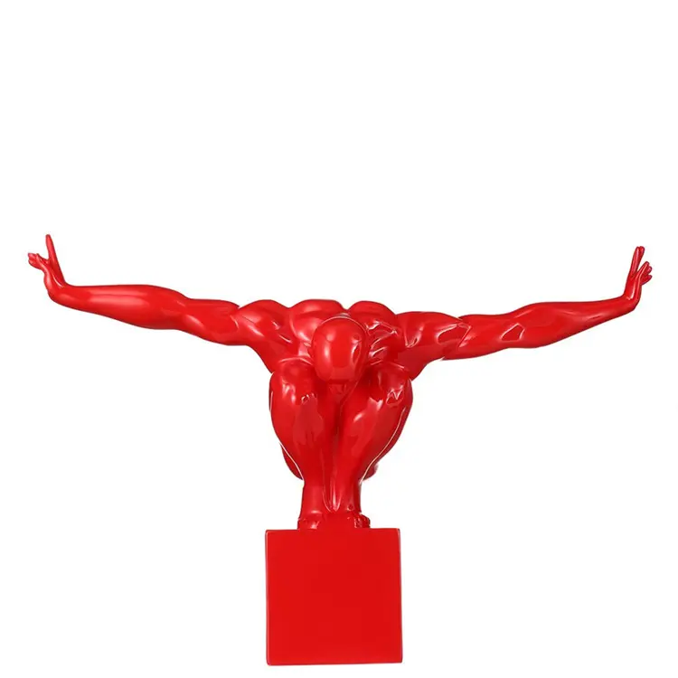 Moderne Kunst Hars Sculptuur Rode Groeten Hurken Dancing Man Glasvezel Standbeeld