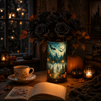 Lampe de nuit LED personnalisée avec abat-jour imprimé en 3D sur le thème des cimetières hantés d'Halloween, base en bois, télécommande et vase à fleurs, décoration d'intérieur