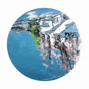 Hotel Wall Decor Round Shape Personal Customization Picture Lake Village Scenery Landscape Oil Painting