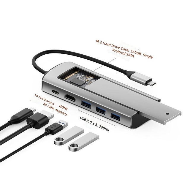 High-Speed 5Gbps Usb 3.0 Type-C 6-In-1 Hub With Hard Drive Enclosure Stock Aluminum Alloy Docking Station for Office Travel Use