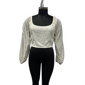Blusa Corta de Algodón Blanco para Mujer, Cuello Cuadrado, Manga Abullonada, Bordada, Transparente, Estilo Vintage, para Primavera/Verano - Product Image 1
