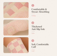 Chaussettes antidérapantes mi-mollet à carreaux rose beige pour le yoga, la barre, l'entraînement et le fitness, avec logo personnalisé, en silicone antidérapant pour femmes