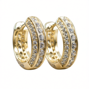 Orecchini a Cerchio con Diamanti Dorati per Donne, Taglio Brillante Rotondo, Diamanti Naturali, Oro Giallo, Gioielli Classici per Uso Quotidiano - Product Image 1