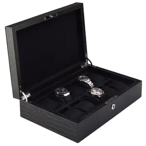 Custom Crocodile Pattern Black 10 Slots 6 Compartment MDF Wooden PU Leather Cover Watch Boxes Organizer Case