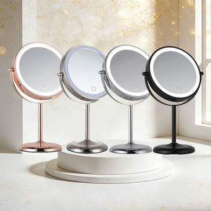 Op maat gemaakte LED bruine ronde staande tafelspiegel met LED-verlichting, ronde slaapkamerspiegel met vergroting, dubbelzijdige make-upspiegel - Product Image 1