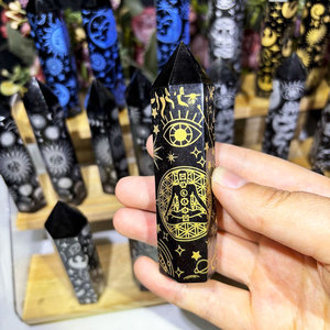 Tour de Cristal Poli Pierre de Guérison Motif Quartz Gravé Avec Soleil Lune <span class=keywords><strong>Noir</strong></span> Obsidienne Reiki Point - Product Image 2