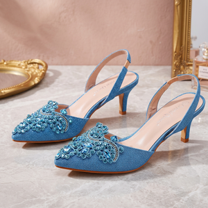 Sandalias de tacón de aguja con punta y tira trasera de perlas personalizadas de alta calidad para boda, al por mayor, ligeras, con soporte de arco de PU - Product Image 2