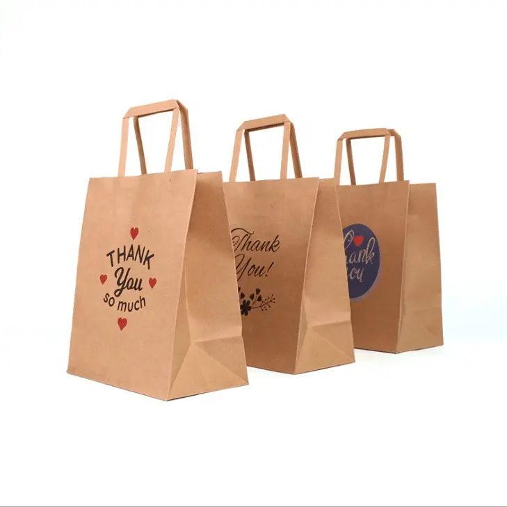 Wholesale Customized Printed Natural Brown Kraft Paper Gift Packaging Thank You Carrier Bag With Flat Handle