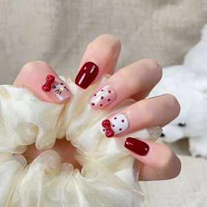 10 <span class=keywords><strong>Uñas</strong></span> Postizas Hechas a Mano con Diseño <span class=keywords><strong>de</strong></span> <span class=keywords><strong>Hello</strong></span> <span class=keywords><strong>Kitty</strong></span>, Lazos 3D y Puntos, Color Rojo Nude, para Mujer, Estilo Lindo - Product Image 2