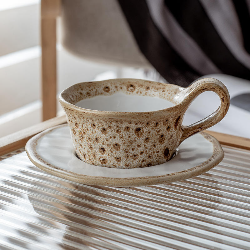 Beige leopard print kiln-fired cups and saucers