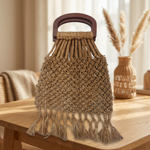 Bolso de mano bohemio de yute tejido con asa de madera, diseño hueco y decoración de borlas para la playa, uso diario, bolso de mujer - Product Image 3