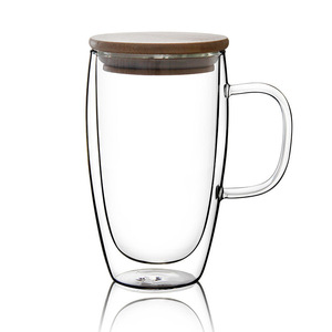 Di alta qualità resistente al calore doppia parete tazza di vetro con coperchio di bambù per la casa e <span class=keywords><strong>bar</strong></span> 16oz vetro borosilicato tazza tazza di caffè - Product Image 2