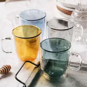2021 European Fashion Color Double Wall Glass Coffee Cup With Handle On Coffee Shop