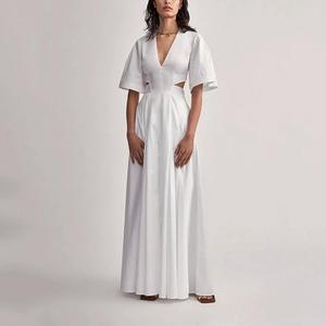 2023 Plain Ladies Summer Clothing V Neck Show Back Waist Pure <strong>White</strong> <strong>Maxi</strong> Pleated Elegant Gentle Women's Dress - Product Image 2