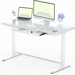 Meja berdiri elektrik, meja komputer kantor rumah, dudukan listrik kaca tunggal dengan laci tinggi yang dapat diatur