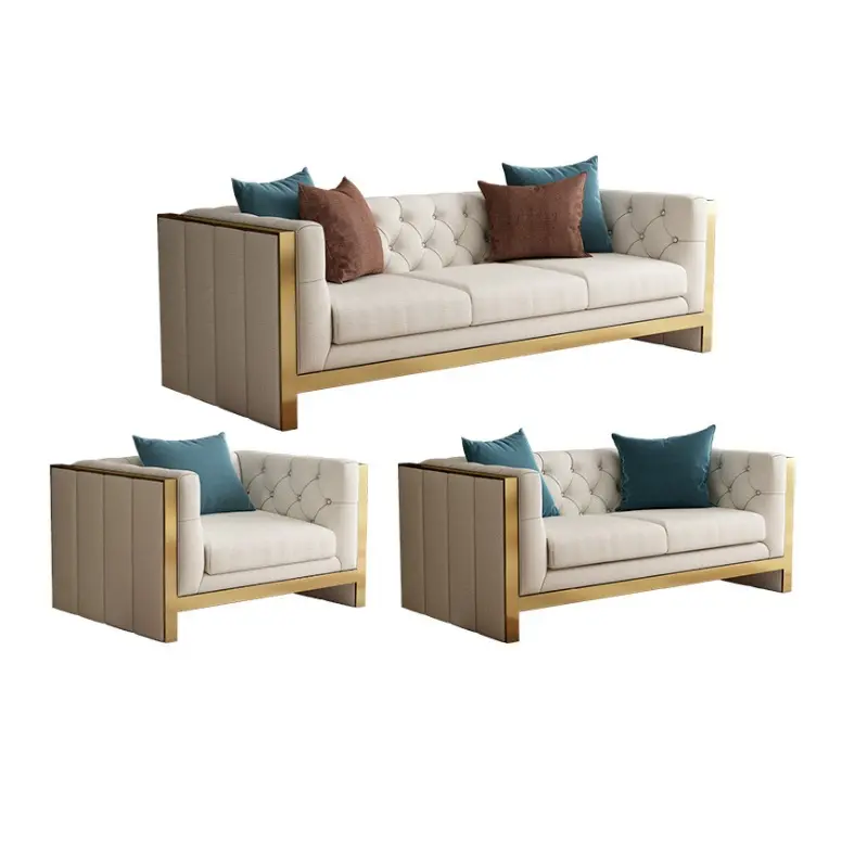מודרני יוקרה זהב נירוסטה מסגרת 2-3 מושבית ספה עור מפוצל לרפד טרקלין ספה עבור בית מלון בית קפה