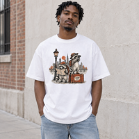 T-shirt en coton blanc à imprimé graphique raton laveur, coupe vintage oversize à épaules tombantes, streetwear homme, manches courtes