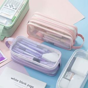 <b>Multi</b>-<b>Color</b> Large-Capacity Double-Layer Nylon Mesh + Polyester Transparent Pencil Case for School Office Use Portable Storage - Product Image 1