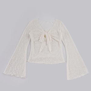 Lace Patchwork Tie Bow Flared Sleeve Long Sleeve <b>Top</b> Faux <b>Layered</b> Slim Fit French Pure Sexy Casual Tee - Product Image 6