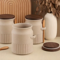 Ensemble de 3 pots de conservation hermétiques en céramique cannelée, avec couvercle en bois, joint en silicone, clip latéral et cuillère en bambou