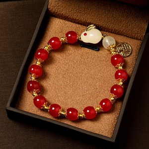 Chinese Style Jade Rabbit <b>Bracelet</b> For Women <b>Red</b> Beads Gold Accents Gift Jewelry - Product Image 1