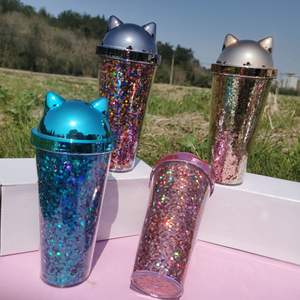 Tasse à paille à couvercle en plastique électrolytique double couche de style coréen créatif tasse à eau à paillettes pour les fêtes de randonnée hommes femmes étudiants - Product Image 2