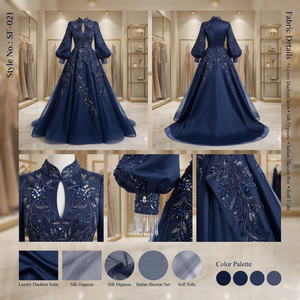 Robe de soirée bleu nuit à col montant et manches classiques, ornée de cristaux et de pompons, en satin moderne, idéale pour les événements formels - Product Image 3