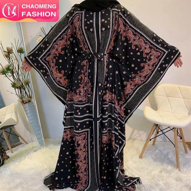 6337 # cộng với kích thước Batwing tay thời trang hoa tay khối in Tie-Up Cotton kaftan Ăn mặc