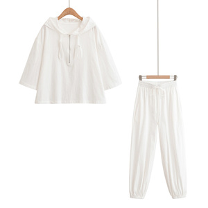 Women's White Knitted Hooded Short Sleeve Top With Drawstring <b>Pants</b> Set Casual Loose Fit Spring <b>Summer</b> 2 Piece Outfit - Product Image 6